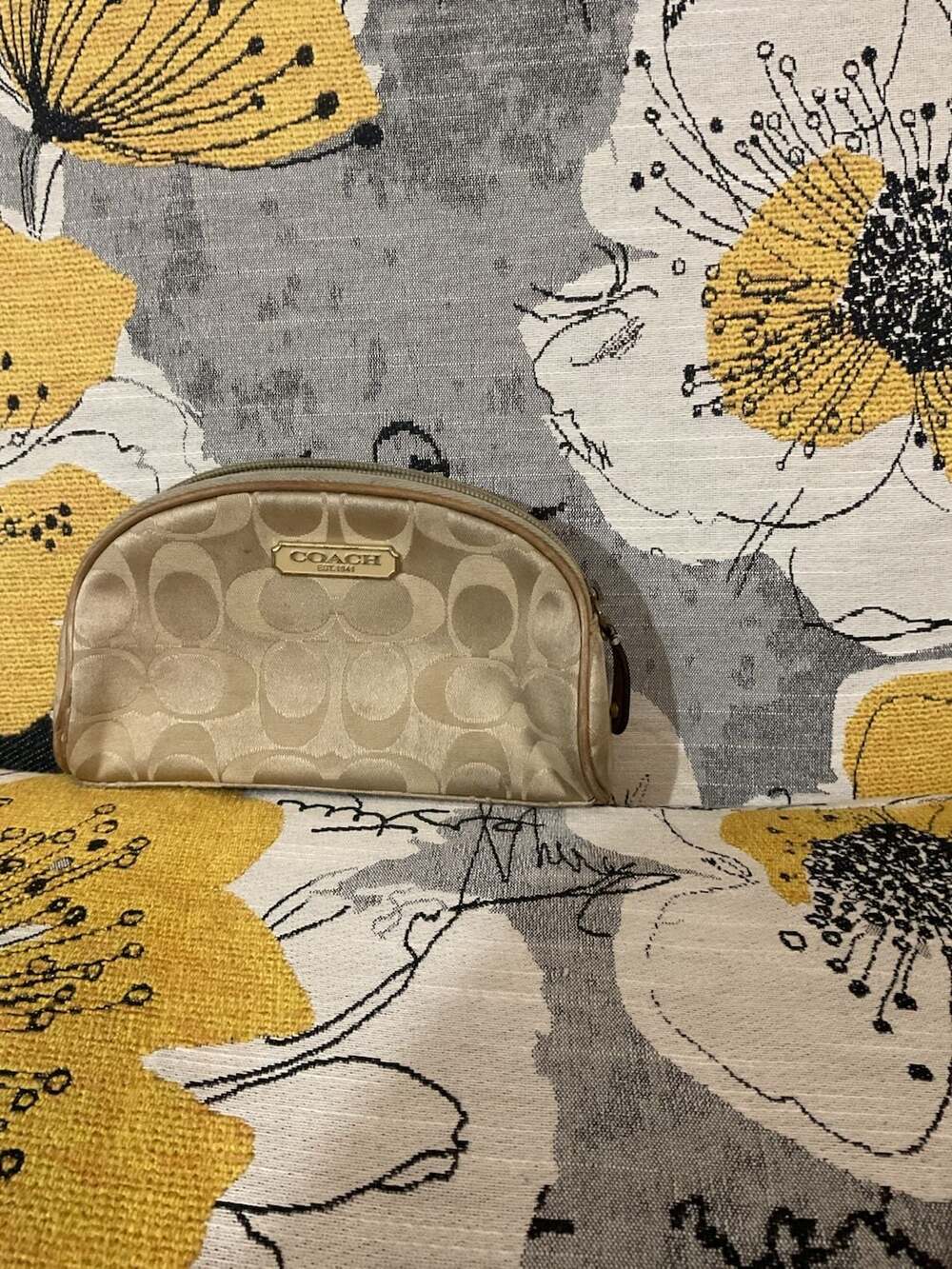 Coach Signature C Jacquard Gold Semi-Circle Cosmetic Pouch Makeup Bag